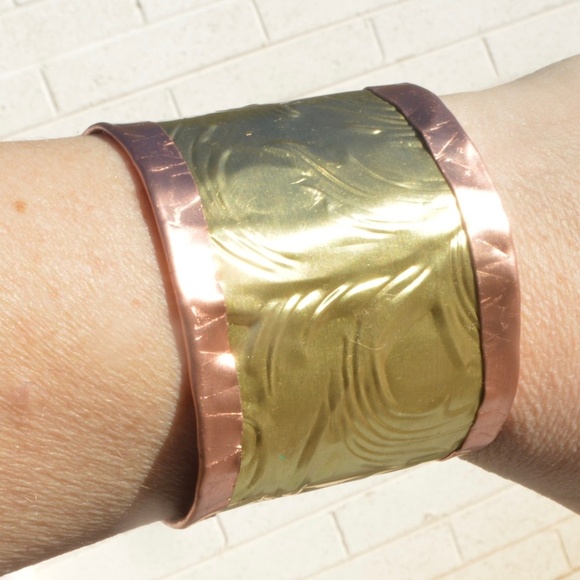 Rustic Brass Solid Genuine Copper Cuff Bracelet Wide Baroque Rococo Embossed - Picture 2 of 7